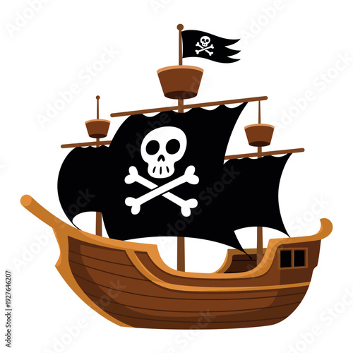 Cartoon pirate ship with jolly roger flag and skull and crossbones