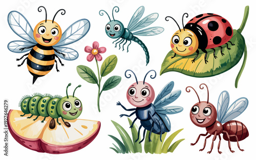 Cute watercolor insects and caterpillar on apple slice with flowers