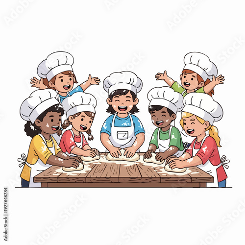 Group of children wearing chef hats cooking together.