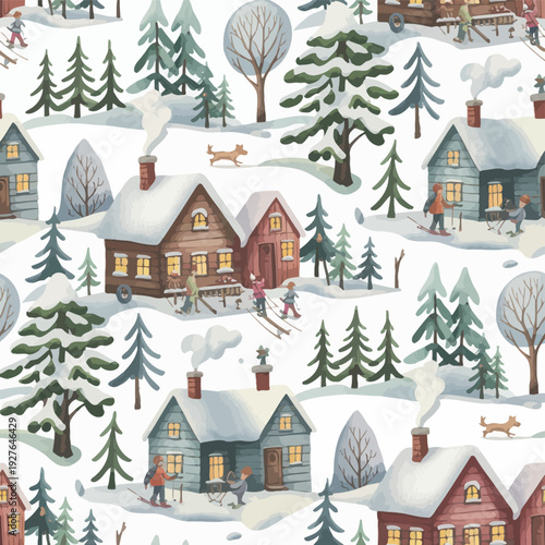 Cozy winter village scene with snow covered houses and evergreen trees