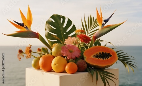 Elegant Tropical Still Life with Papaya, Citrus Fruits and Bird of Paradise Flowers by the Sea
