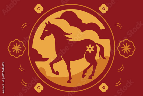 Silhouette horse zodiac symbol circular motif red background