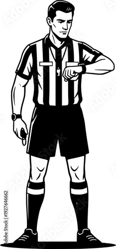 Black and white vector illustration of a sports referee checking his wristwatch. Silhouette of a referee in a striped uniform holding a whistle and timing.