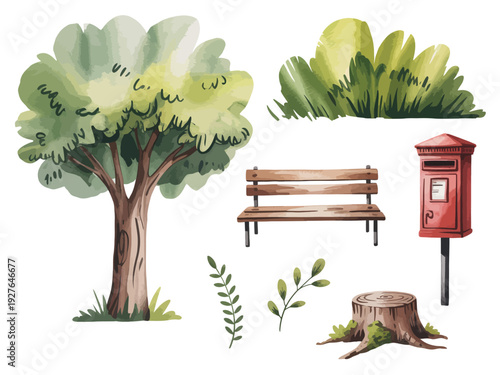 Watercolor illustration of park elements including a tree bench mailbox and stump
