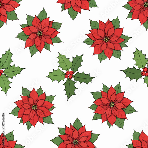 Poinsettia Pattern With Red Bracts And Green Leaves.