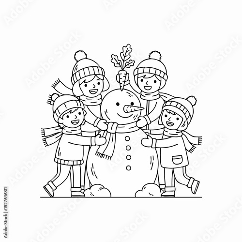 Snowman central figure in winter scene.