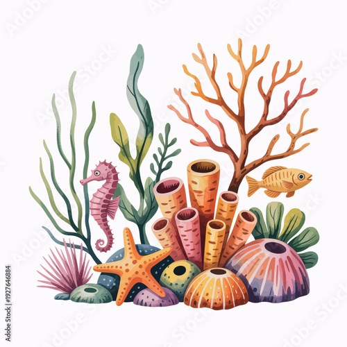 Watercolor illustration of a vibrant coral reef ecosystem with diverse marine life