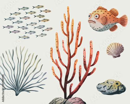 Underwater scene with coral reef fish and seashells illustration