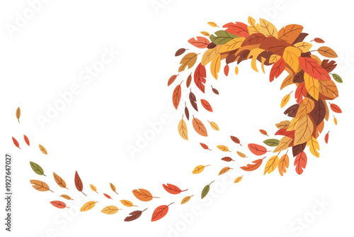 Whirling autumn leaves forming a circular shape on a white background