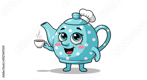 Cheerful Cartoon Teapot Character Holding Coffee Cup