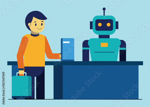 Man with a suitcase interacts with an AI robot at a blue airport check-in counter, placing a blue booklet.