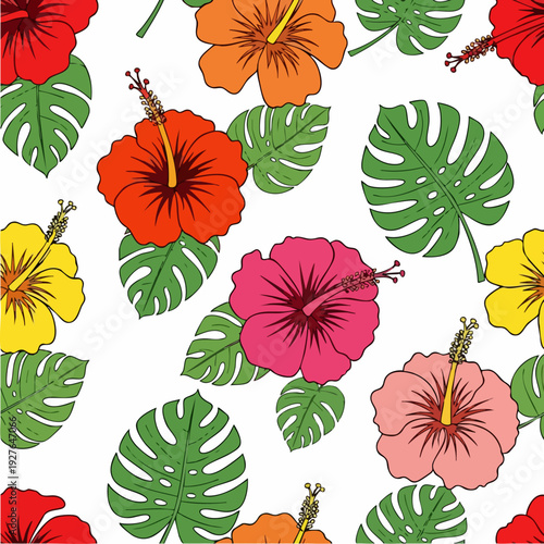 Tropical hibiscus flower pattern with vibrant leaves.