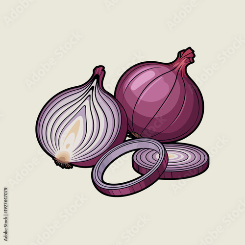 Fresh red onions whole sliced and halved on a light background