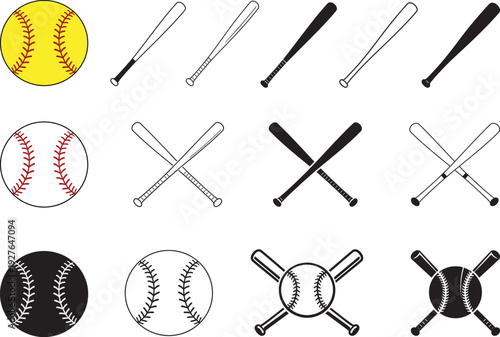 Baseball Bat and Ball Icons in Outline and Silhouette Style Vector