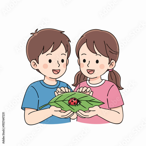 Two Children Sharing Leaf With Ladybug.