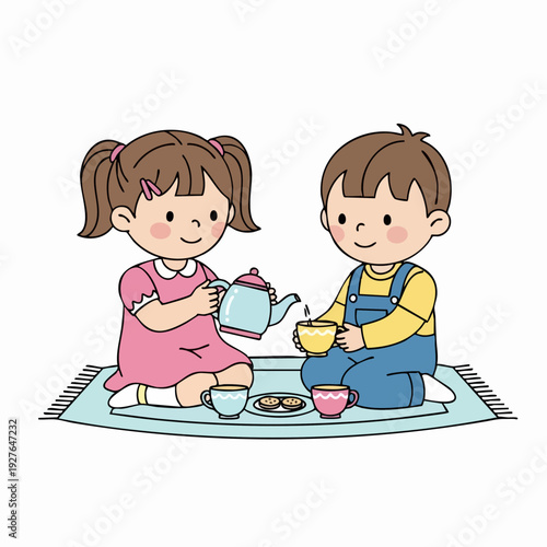 Two children sharing tea on a blanket illustration.