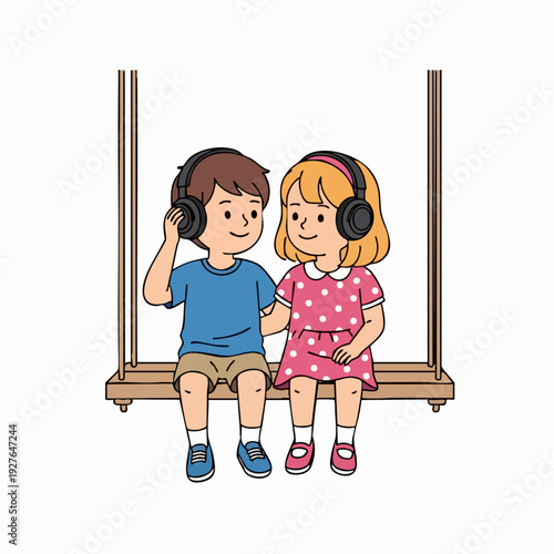 Two Children Wearing Headphones On A Swing.