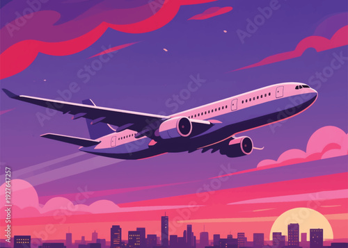 Plane Flying Over City With Sunset View Illustration Creative Design Template 