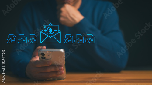 Smartphone user managing online billing and payment through e-invoice. Digital financial money transfer, tax receipt, and business technology concept.