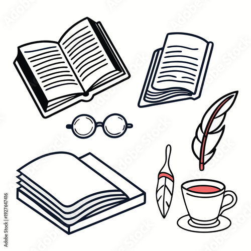 Collection of books, glasses, quill, and coffee cup