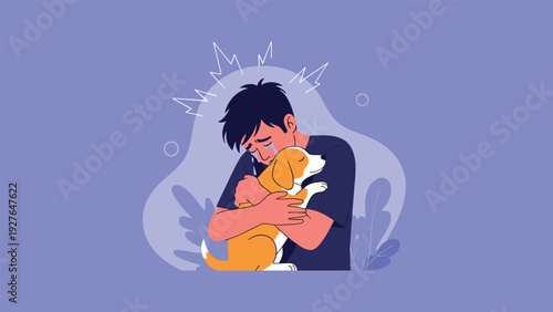 Sad boy cries and hugs his pet dog tightly against a purple background to seek comfort and emotional support during a difficult time.
