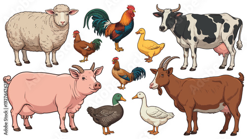 Collection of farm animals including sheep rooster cow pig goat and ducks
