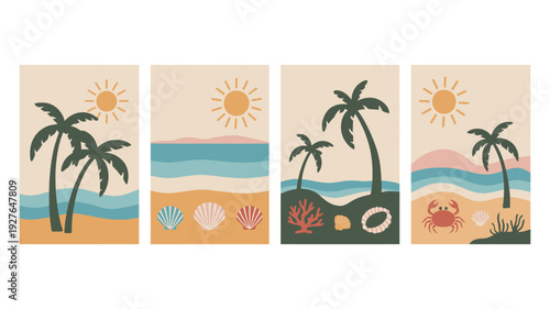 Abstract tropical beach scenes with palm trees and sun