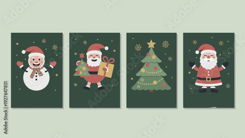 Cute christmas characters and tree on dark green background