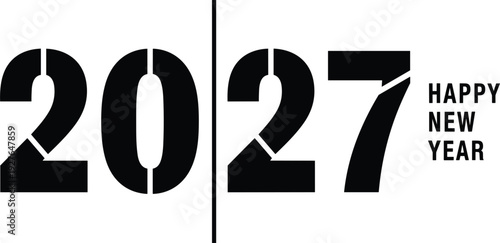 PrintMinimalist 2027 Happy New Year Typography Design with Bold Black Numbers and Modern Clean Layout for Calendar, Poster, Banner, and Greeting Templates