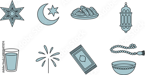 Ramadan and Iftar icons set with crescent moon star dates lantern prayer beads Quran water bowl fireworks flat vector illustrations isolated on white background
