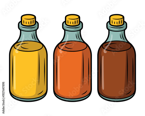 Three glass bottles with cork stoppers containing different colored liquids
