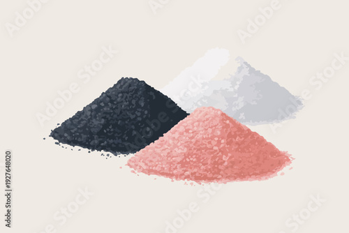 Three colorful piles of fine powder against a neutral background