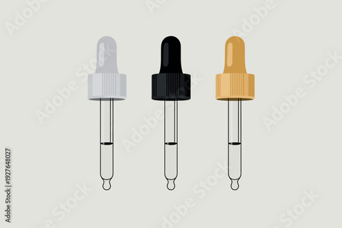 Three cosmetic droppers with clear liquid on a light background