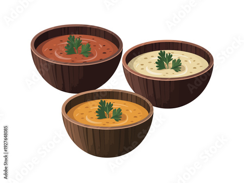 Three bowls of colorful dips and sauces garnished with fresh herbs