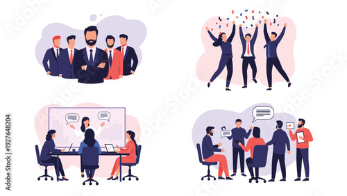 Collage of business scenes showing a confident team, colleagues celebrating with confetti, a presentation, and an informal group meeting.
