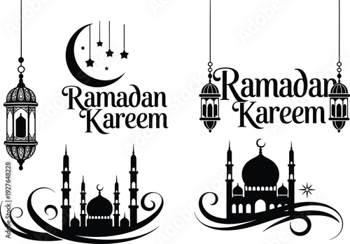 Ramadan Kareem elegant vector illustration with mosque silhouettes crescent moon stars and hanging lanterns isolated on background for Islamic festival greeting design concepts