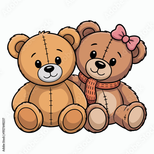 Two adorable teddy bears sitting together with a pink bow and scarf