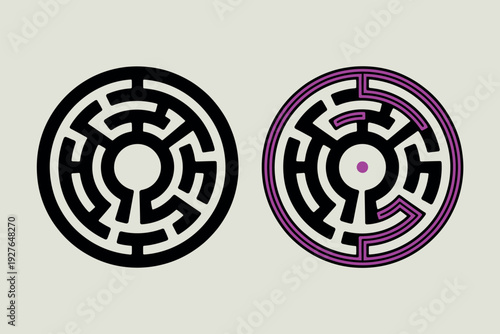 Two circular mazes one black and white the other with purple accents