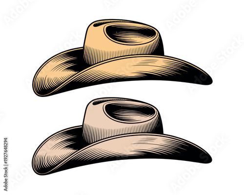 Two hand drawn cowboy hats in sepia tones on a white background