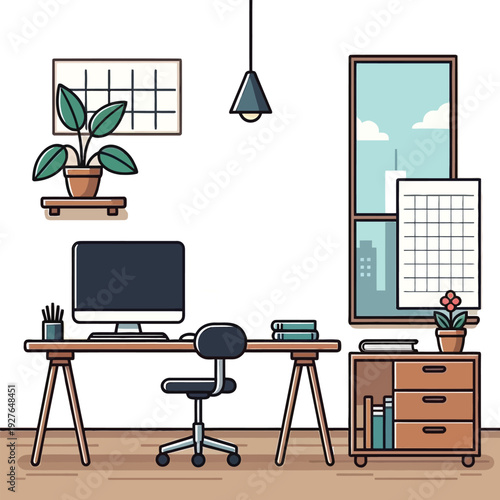 Modern home office with computer and plants on wooden desk