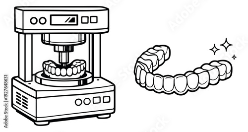 Line art dental technology set featuring a clear aligner and a model fabrication machine for orthodontic dentistry
