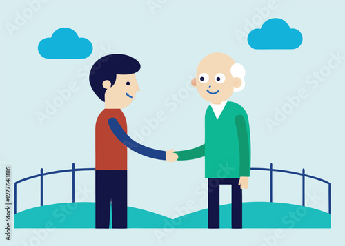 Two men, one older, one younger, shake hands on a bridge above a green landscape with clouds.