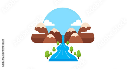 Mountain river landscape illustration, vector style graphic, nature scene for travel and environment.
