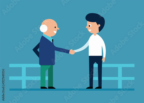 An older businessman and younger man shake hands over a simple bridge structure.
