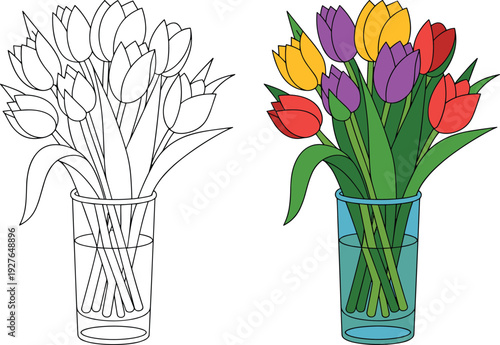 Tulip flowers bouquet coloring page and colored version in glass vase, cute cartoon floral illustration for kids activity book isolated on white background