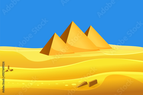 Cartoon style Egyptian pyramids in the desert with blue sky. Vector illustration