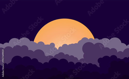 Simple flat style style purple cloudy sky with sunset. Vector illustration
