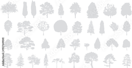 Collection of grey tree silhouettes on white background