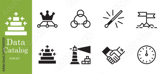 Data Catalog and Business Hierarchy Icon Set with Leadership Strategy Partnership and Goal Achievement Symbols