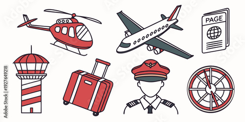 A collage of various transportation methods including airplanes, helicopters, and boats Vector